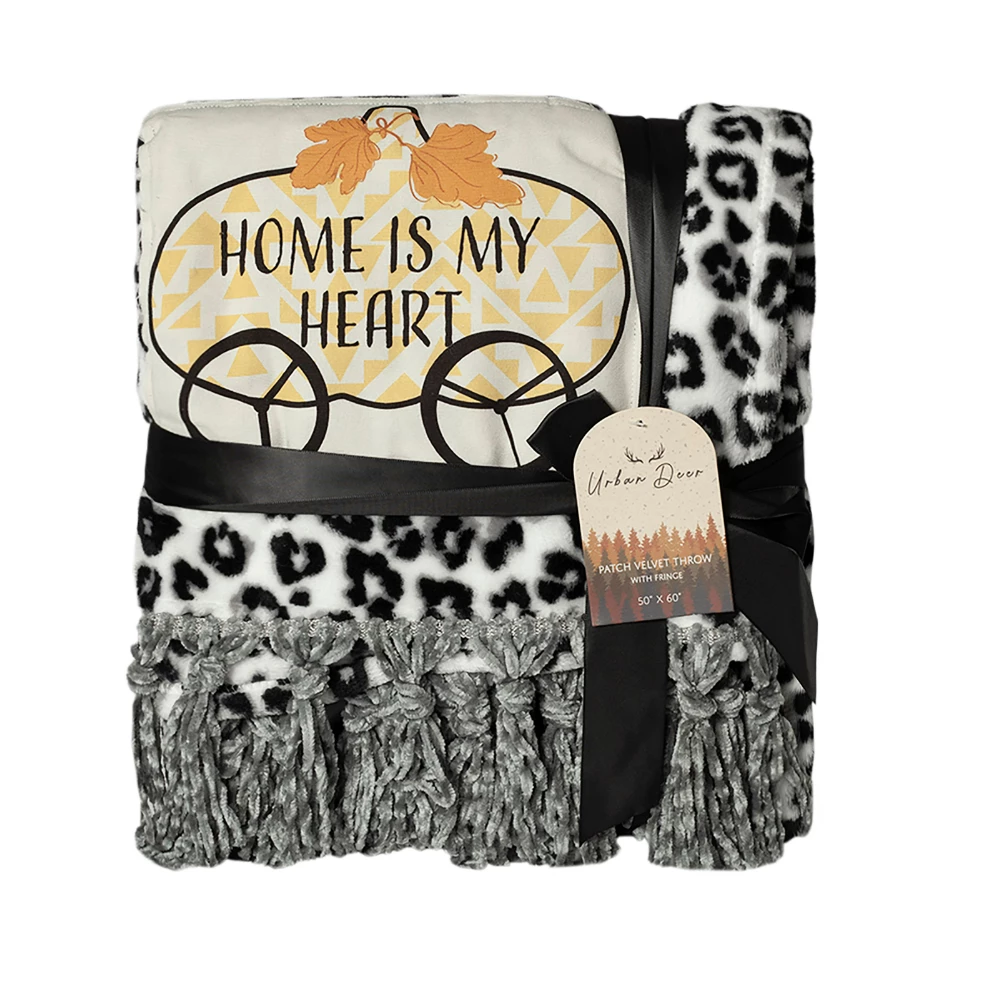 URBAN DEER Pumpkin Wagon Leopard velvet 50 x 60 throw with Fringe - - Blankets & Bedspreads