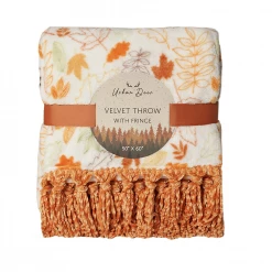 URBAN DEER Leaves velvet 50x 60 throw with Fringe - RK-VELFR-LEA - Blankets & Bedspreads