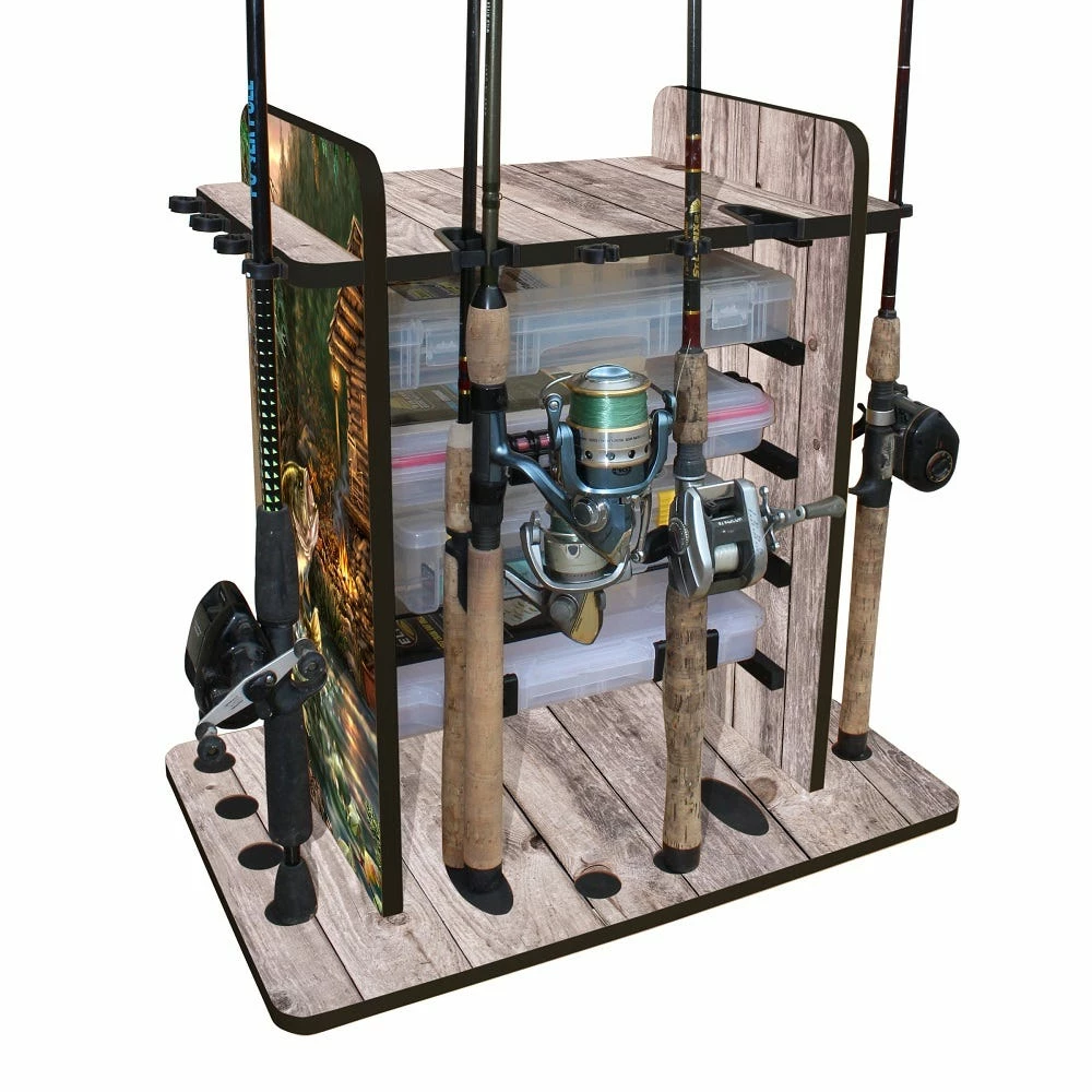 Rush Creek Creations Bass 14 Fishing Rod Rack with Four Bait Bin Storage 383009 - Storage Furniture - Image 3