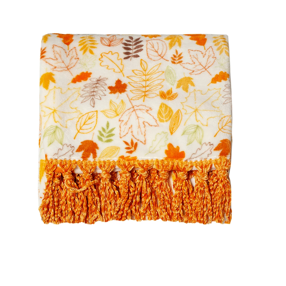 URBAN DEER Leaves velvet 50x 60 throw with Fringe - RK-VELFR-LEA - Blankets & Bedspreads - Image 2