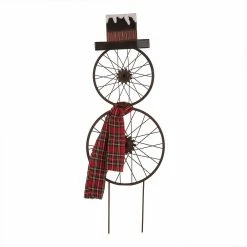 Glitzhome Metal Bike Wheel Snowman with Plaid Scarf Yard Stake or Wall Decor - 1103202625 - Yard Decor