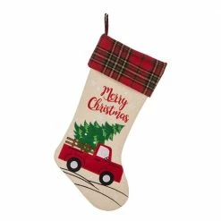 Glitzhome Embroidered Linen Christmas Red Truck Stocking - 1113203054 - Christmas Stockings