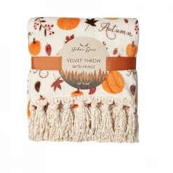 URBAN DEER Pumpkin/Leaves velvet 50 x 60 throw with Fringe - RK-VELFR-PUMP - Blankets & Bedspreads