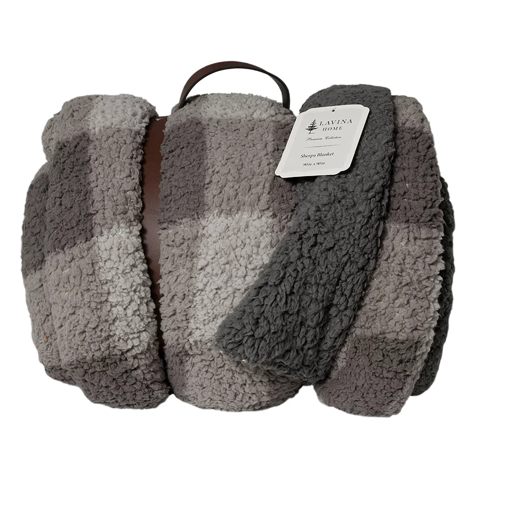 Lavina Home Grey Buffalo Check Printed Sherpa Reversible to Sherpa 90 x 90 Blanket - RK-SHERP-GBUF - Blankets & Bedspreads