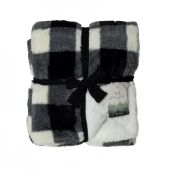 URBAN DEER Black White Buffalo Check Printed Faux Rabbit fur Reversible to White Sherpa 50 x 60 Throw - RK-RABSH-BBUF - Blankets & Bedspreads